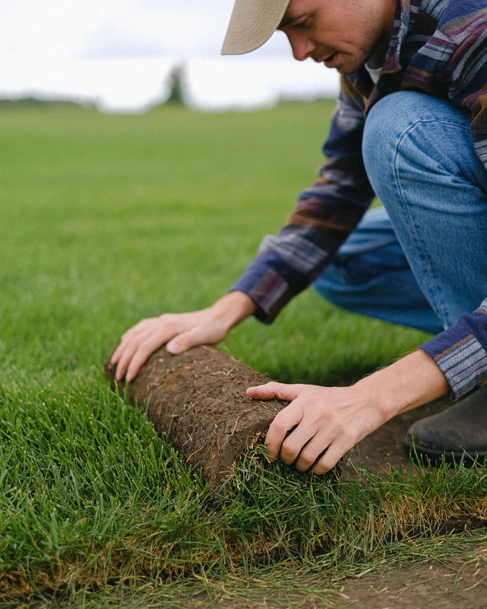 Installer rolling out a fresh strip of new sod on prepared soil